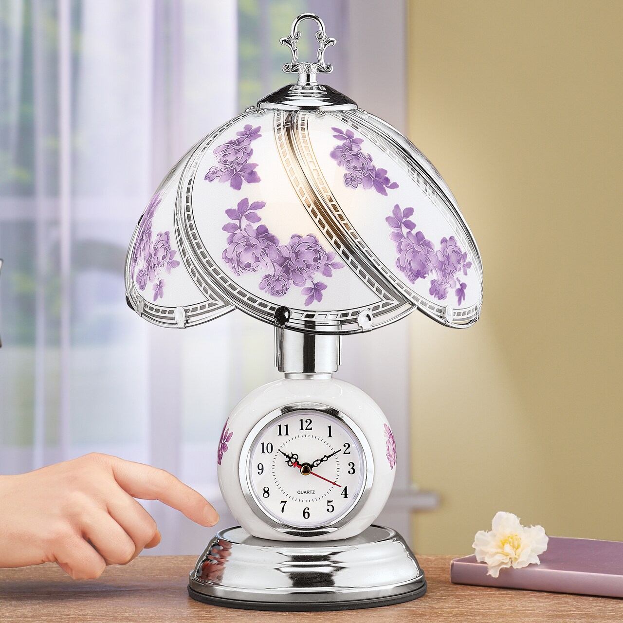 Collections Etc Rose Glass Panel Touch Lamp with Analog Clock